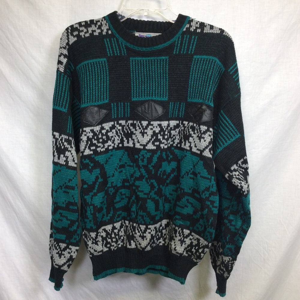 Permit VTG Men’s Black Teal Gray Crew Neck Cosby Style Sweater Sz M